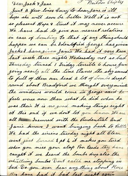 Mary Moorby - War Letter 1.JPG - Page 1 of a letter written in the second war from Baildon, Shipley on 13th April 1946.  Telling of the bombing raids in that area. It was sent to Chris Moorby's grandfather and grandmother who lived in the cottages at West End,  which were demolished in the 60's, where the old peoples' bungalows are now situated.   ( The next image is Page 2  - and after that  photo of  Mary Moorby ) 